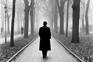 A man in a top hat walks down a path in the fog photo