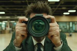 A man in a suit is taking a picture with a camera photo