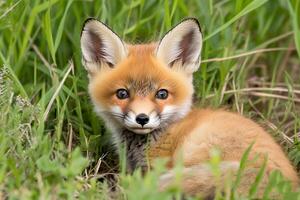 A young fox sitting in the grass photo
