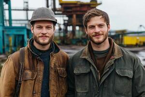 Two men in work clothes standing in front of an industrial building photo