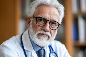 A man with glasses and a white beard sitting in front of a book shelf photo