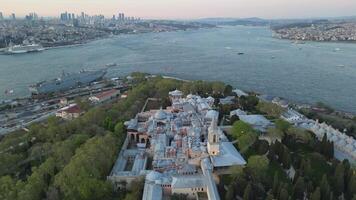 Aerial flight from Topkapi Palace toward the shimmering Bosphorus Strait video