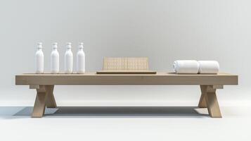A wooden bench with bottles and a book on it photo