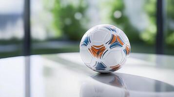 A soccer ball sitting on a table in front of a window photo