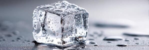 Perfectly shaped ice cube melting on a reflective surface with water drops photo