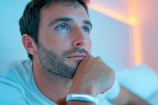 Monitoring sleep cycles with a thoughtful man in a serene bedroom, reflecting on rest patterns and health, showcasing technology for better sleep quality concept photo