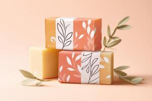 Stack of three handmade soap bars with elegant packaging design featuring botanical leaf patterns photo
