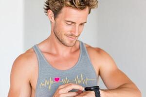 Fitness enthusiast checking smartwatch for health metrics while wearing a tank top, showcasing a modern approach to personal health monitoring concept photo