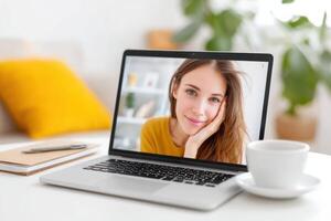 Personal wellness coach engaging with clients through call on laptop, showcasing a bright and inviting workspace, healthy lifestyle concept photo