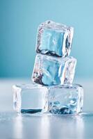 Ice cubes stacked on a surface with a soft blue background, showcasing their clarity and texture, perfect for refreshing drinks and summer beverages, ice concept photo