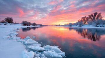 Winter sunset over a frozen river with colorful clouds reflecting on the water surface and snow-covered banks creating a serene winter landscape concept photo