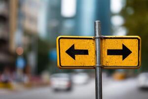 Directional road sign indicating left and right turns in an urban setting with blurred background of buildings and vehicles, navigation concept photo
