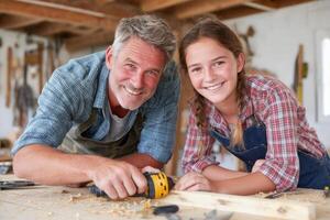 Carpenter teaching woodworking to his daughter in the workshop photo