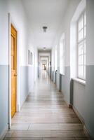 Empty hallway with wooden floor and muted color grading photo
