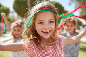 Children dancing with ribbons in the park during a sunny day photo