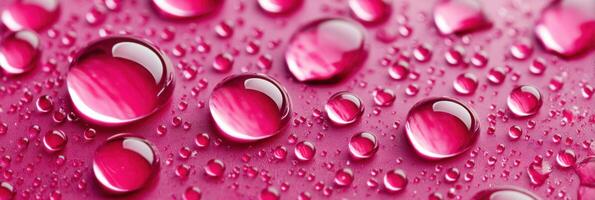 Vibrant fuchsia water drops creating a beautiful pattern on glass material photo