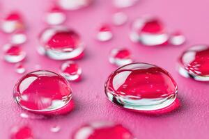 Macro water drops reflecting pink surface creating shiny beads photo