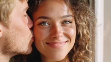 Loving man kissing smiling woman on cheek near window photo