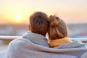 Couple wrapped in blanket enjoying sunset from balcony photo