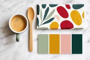 Designer choosing colors for branding with coffee and wooden spoon photo