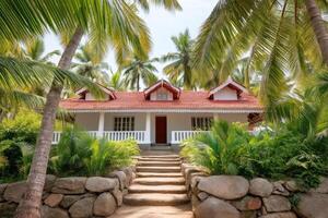 Traditional Kerala-style house surrounded by lush vegetation and palm trees photo