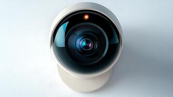 Modern security camera with a sleek design and illuminated indicator on a minimalist background photo