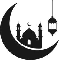 Eid Mubarak silhouette design with Crescent moon and lanterns. Eid Al Adha. vector