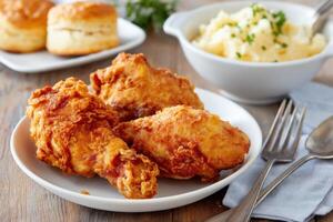 Crispy fried chicken served with fluffy biscuits and creamy mashed potatoes on a rustic wooden table, delicious comfort food concept photo