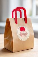 Brown paper bag with burger logo and red handles standing on a table photo