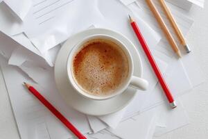 Coffee cup and pencils resting on scattered sheets of paper photo