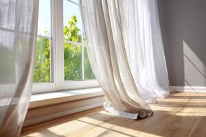 Light beige sheer curtains gently blowing in the breeze by open window photo