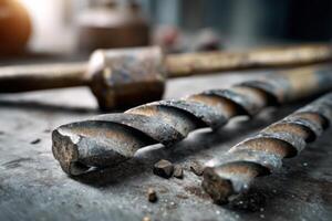 Worn drill bits and chisel laying on workbench showing heavy use photo