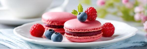Raspberry macarons with fresh berries creating a sweet temptation on a white plate photo