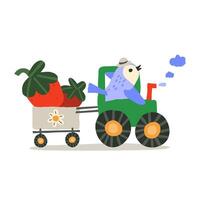 A bird rides on a tractor and carries a cart with a strawberry harvest. vector