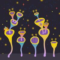 illustration of a aliens and aliens houses on a another planet. Trip across the galaxy. vector