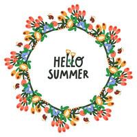 Hand draw naive Wreath with summer flowers caterpillars and ladybug, Flower Frame in Circle. vector