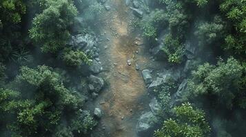 Aerial view of a winding dirt road through the lush jungle photo