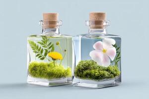Two glass perfume bottles containing flowers and moss resting on a light blue surface photo