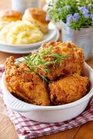 Crispy fried chicken served with creamy mashed potatoes and biscuits on a wooden table with fresh herbs and flowers healthy eating concept photo