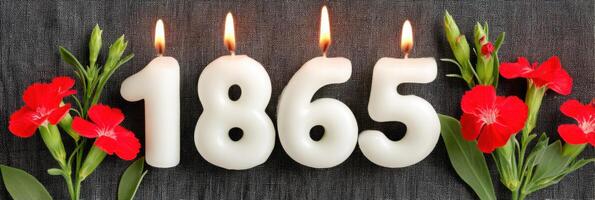 Burning candles forming number 1865 with red flowers on dark background photo