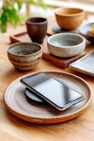 Smartphone charging wirelessly on wooden table with korean traditional tableware photo