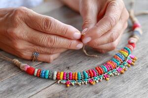 Artisan creating colorful necklace with beads and thread photo