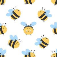 Seamless pattern with cute cartoon bees flying and smiling on white background. Hand drawn kawaii honeybee vector