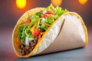 Crunchy taco with ground beef, cheese, lettuce, tomato, onion and jalapeno resting on gray surface photo