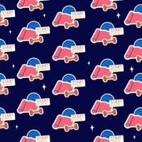 Seamless pattern stickers of fitness gym inventory elements with lettering vector