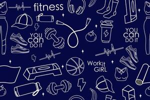 Seamless outline pattern of fitness gym inventory elements, equipment vector