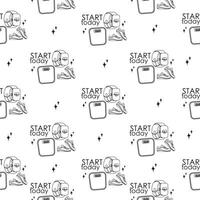Seamless outline pattern with gym inventory elements and lettering vector