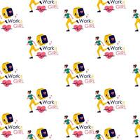 Seamless pattern with gym inventory elements, woman running and lettering vector