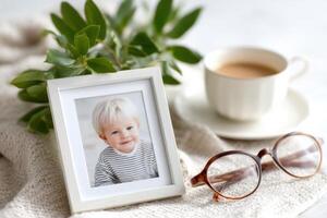 nieto foto en marco siguiente a taza de té y los anteojos es trayendo espalda recuerdos