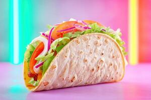 Crunchy taco with meat, lettuce, tomato, onion and colorful neon lights background photo